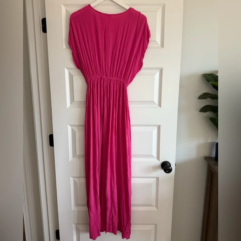 Elan Deep V-Neck Wrap Maxi Coverup Dress Pink Small NWT